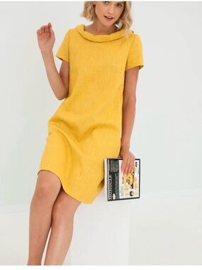 Yellow Short Sleeve Linen Blend Shift Dress with Rolled Collar Le Muse